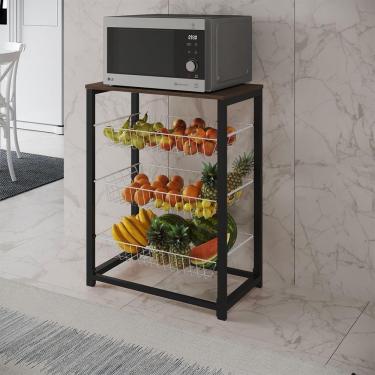 Imagem de Fruteira Com Suporte Para Micro-Ondas Barcelona Aço Preto Cesto Branco Tampo Amêndoa Co...