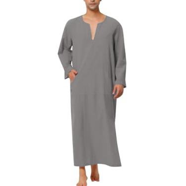 Imagem de MANYUBEI Roupão muçulmano masculino, roupas étnicas do Oriente Médio, gola V, manga comprida, camisa estilo longa, Cinza, G