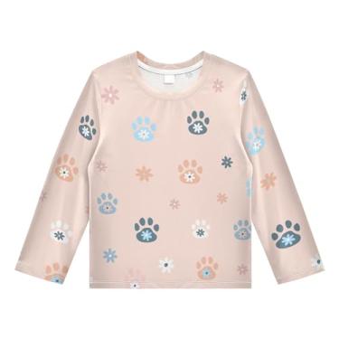 Imagem de Linqin Camiseta Rash Guard de manga comprida para meninos e meninas, FPS 50+, fofo, gato, cachorro, patas e flores, proteção solar para crianças, Patas e flores fofas de cachorro, 9-10 Years
