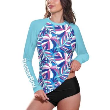 Imagem de BesserBay Camiseta feminina de manga comprida com proteção solar UV Rashguard, Azul e roxo | Folhas tropicais, GG