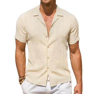Imagem de DEMEANOR Camisas de linho masculinas de manga curta camisa de linho texturizada casual abotoada camisas de praia de verão de linho, Bege, 3G