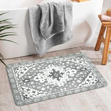 Imagem de Uphome Boho Retro Tapete de Banheiro Cinza Antiderrapante Tapete de Banho Macio Lavável à Máquina Tapete de Banheiro Oriental Persa Tapete de Banheiro Tradicional Casa de Fazenda Floral Tapetes para Banheira Chuveiro Toalete, 50 x 78 cm