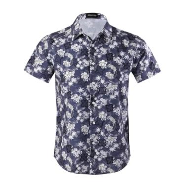 Imagem de Camisa masculina havaiana manga curta 4 vias stretch casual botão para baixo tropical floral verão praia camisa estampada, Azul-marinho carvão, M