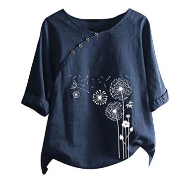 Imagem de Camisetas retrô femininas de algodão e linho, blusa solta de verão, manga curta, gola redonda, camisetas boho, B - azul-marinho, M