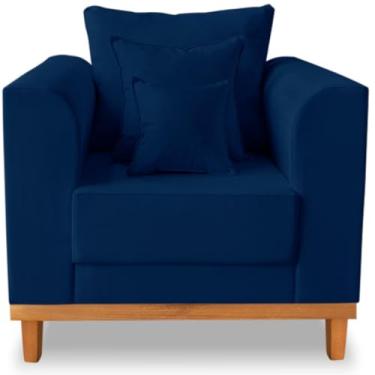 Imagem de Poltrona Sala de Estar Beny Suede Azul Marinho Com Almofadas Decorativas - Madeira Prima Deccor