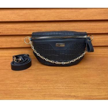 Imagem de Bolsa Preta Feminina Pochete Luxo Transversal Alça Corrente Bolsa Tran