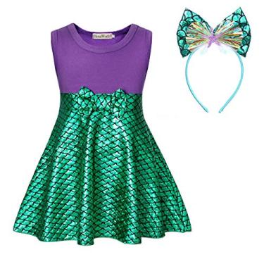 Imagem de HenzWorld Fantasia de vestido para meninas, fantasia de sereia, princesa, festa de aniversário, cosplay, faixa de cabeça para crianças de 1 a 8 anos, Dress + Fishscale Headband, 2-3 Years