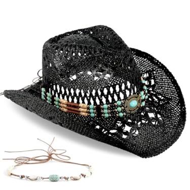 Imagem de Chapéu de Cowboy de Palha Masculino Feminino Chapéu de Sol Tecido Cowgirl Chapéu de Cowboy Ocidental Duas Faixas Decorativas, Preto-turquesa, Tamanho Único
