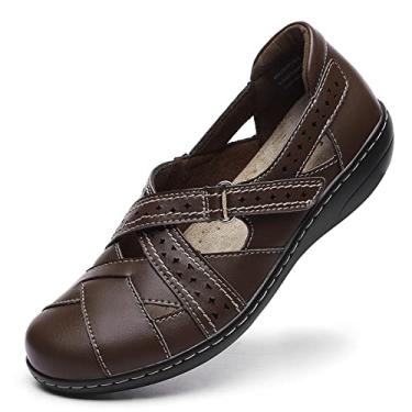 Imagem de Irrefour Mocassim feminino clássico de couro genuíno casual fofo sem cadarço moderno bico fechado sandália rasteira confortável para trabalho diário, Grãos de café, 39