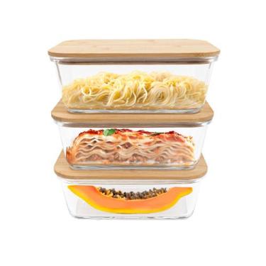 Imagem de kit 3 potes de vidro 1,5L com tampa bambu hermético marmita retangular