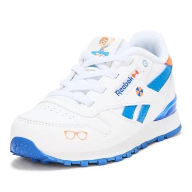 Imagem de Reebok Tênis infantil unissex Blippi de couro clássico Step N' Flash, Branco/Azul/Laranja, 17
