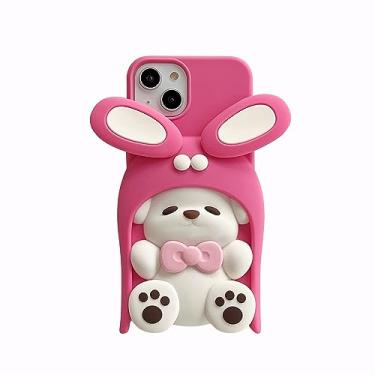 Imagem de Capa de cachorro 3D, desenho animado fofo kawaii adorável personagem cão usando forma de chapéu de coelho crianças adolescentes meninas mulheres capa de silicone macio para iPhone 14 Pro Max/iPhone 15