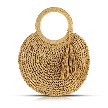 Imagem de Bolsa de palha, sacola feminina, bolsa redonda tecida à mão, bolsa de praia com pingente de borla, bolsa de verão adequada para férias, combinação diária, bolsa de viagem (cáqui), Caqui