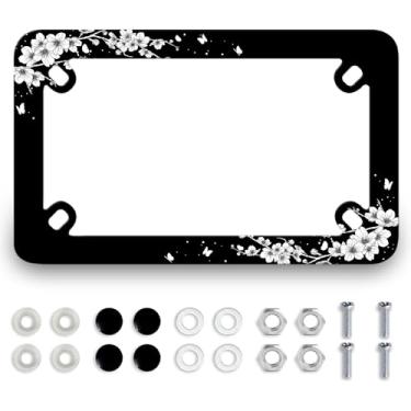 Imagem de Moldura de placa de licença de motocicleta preto branco flor de cerejeira aço inoxidável suporte de etiqueta borboleta 4 furos à prova d'água floral acessório de motocicleta com parafusos tampas de