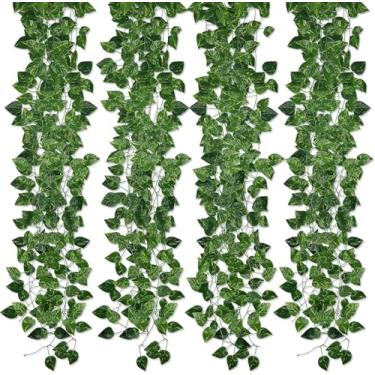 Imagem de Kalolary Pacote com 12 guirlandas de hera artificial, folhas de Scindapsus, 2,8 m, plantas falsas, vegetação, plantas penduradas, plantas falsas para casamento, quarto, fundo, arco, parede, selva