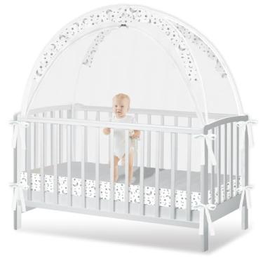 Imagem de Barraca de berço para evitar que o bebê suba, rede para manter o bebê dentro, capa respirável para berço, dossel com malha forte e zíper durável (estrela branca e lua, lager)