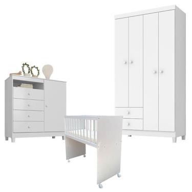 Imagem de Quarto Bebê 4 Portas Ternura Baby E Mini Berço Moisés Alegria Com Colchão Branco Flex - Incorplac