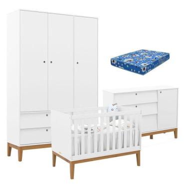 Imagem de Quarto De Bebe Unique 3 Portas Com Cômoda Sapateira Branco Soft Eco Wood E Colchão Ortobom - Matic