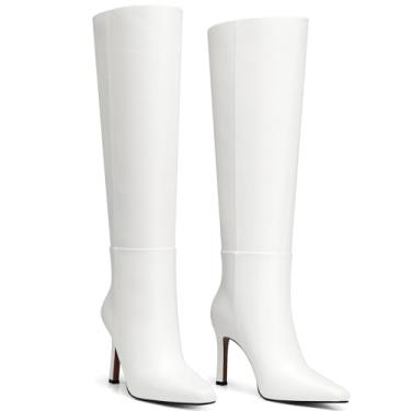 Imagem de CELLENZ Botas femininas de cano alto: salto agulha de 3,54 polegadas, botas de cano alto, botas de cano alto, moda outono 2025 para festas, saídas à noite, encontros, dança, Branco, 40