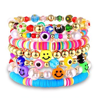 Imagem de Pulseiras elásticas com contas para mulheres, conjunto de pulseiras Heishi, arco-íris, flor de argila colorida, olho turco, contas douradas, pulseira de verão e praia, pérola, Miçangas