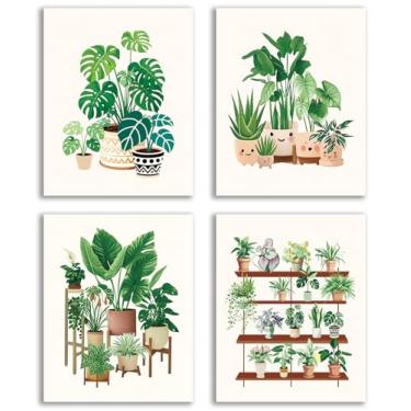 Imagem de NIIORTY Tela de impressão de arte de plantas botânicas, decoração de parede de plantas internas, conjunto de 4 peças, plantas tropicais para decoração de banheiro, 20 x 25 cm, sem moldura