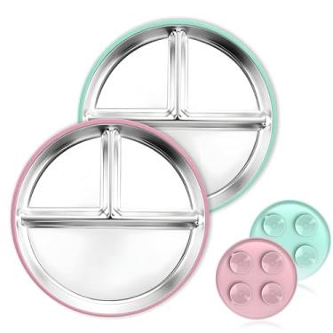 Imagem de Blissleaf 2 peças de prato infantil de aço inoxidável com sucção, pratos divididos de metal com mangas de silicone removíveis para crianças, pratos de lanche antiderrapantes inquebráveis para bebês