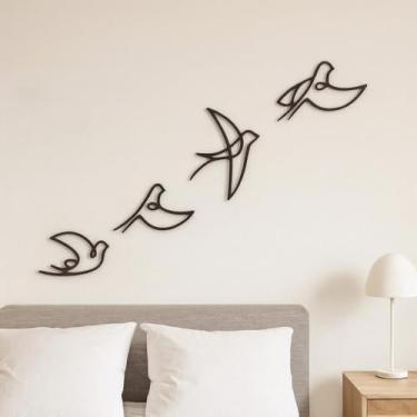Imagem de Kit 4 Pássaros Decorativos em MDF Preto Vazado 3mm para Sala Quarto