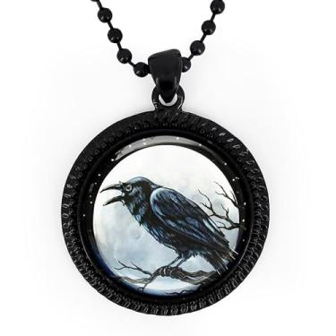 Imagem de Colar Raven Nevermore - Lua Cheia, Corvo Gótico, Dia das Bruxas Assustador, Joia Artesanal, Prata ou Preta - 97-RN, Large, Metal, Sem Pedra Preciosa
