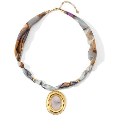 Imagem de Mixcbe Colar bandana feminino, colar dourado com pingente delicado com coração, cruz, pingentes de sol, cadeado mosquetão - Boho Beach Vintage Scarf Colares, normal, Seda, Sem Pedra Preciosa