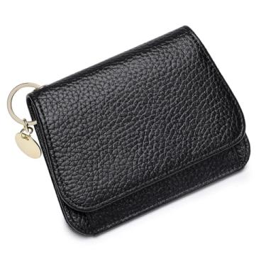 Imagem de FREYAMIRA Carteira fina feminina de couro legítimo com bloqueio de RFID, porta-chaves com zíper, bolso para moedas, janela para identidade, Preto, Moderno