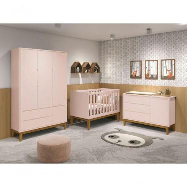 Imagem de Jogo De Quarto Para Bebê Completo 3 Portas Classic New Rosa Fosco Com Madeira - Moveisaqui