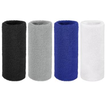 Imagem de YELARXI Pulseiras de suor, pulseiras para esportes de suor 15 x 7,6 cm e pacote com 4 e preto/branco/cinza claro/azul escuro adequado para (tênis/basquete, futebol/homens e mulheres)