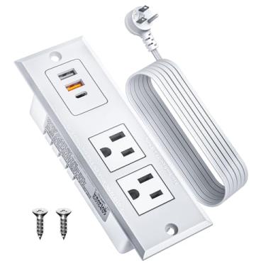 Imagem de DOACE - Faixa de alimentação embutida com USB C de carregamento rápido para conferências, economia de espaço para mesa auxiliar de móveis, 2 saídas CA, 3 portas USB, cabo de 6 pés, tomada plana fina