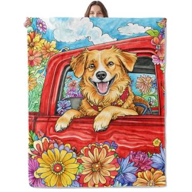Imagem de Lugiu Cobertor de cachorro fofo e vibrante, leve para cães brincalhões com flores para sofá, quarto, cobertor macio de flanela para viagem, presentes para mulheres, meninas, crianças, decoração de