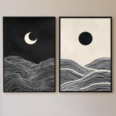 Imagem de Arte de parede sol e lua pintura preta e bege celestial boho arte abstrata minimalista neutra sol lua boho arte de parede linha de montanha pôster minimalista abstrato sala de estar 40 x 61 cm sem