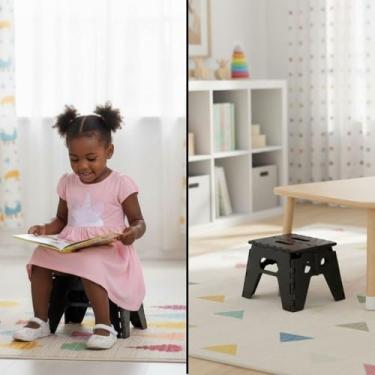 Imagem de Banquinho Infantil Dobrável Portátil em Plástico Preto com Alça, Reforçado e Ergonômico, Suporta Até 100kg