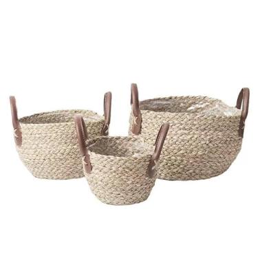 Imagem de Cesta de armazenamento de juta natural com alças de couro marrom, recipiente decorativo de corda de palha tecida à mão para plantas, organização doméstica