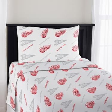 Imagem de Northwest Jogo de lençol solteiro oficialmente licenciado pelo Detroit Red Wings NHL – Roupa de cama confortável com logotipos repetidos do time para fãs de hóquei, dormitórios e quartos espirituais