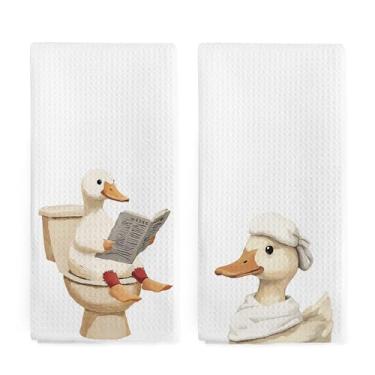 Imagem de nvucamd Toalhas de mão engraçadas de pato para banheiro, conjunto de 2, toalhas de chá temáticas de patos fofos, toalha de mão para presentes de pato para crianças, banheiro, banheiro, cozinha