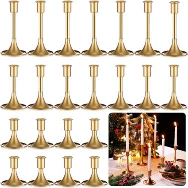 Imagem de Layhit Castiçais elegantes com design retrô fosco de liga de alumínio com várias alturas 8,4 cm 14 cm 16 cm para decoração de mesa de casamento de Natal (ouro) (12 peças)