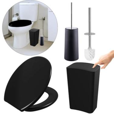 Imagem de Assento Sanitário Tampa Oval Soft Preto + Lixeira Preta 8L Tampa Click + Escova Sanitária Base Redonda Preta