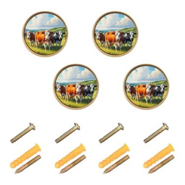 Imagem de Burbuja Beautifull Cows Puxadores de armário de cozinha, pacote com 4, puxadores redondos de 3,5 cm, puxadores de cômoda com parafusos para cozinha, quarto, armários, armário