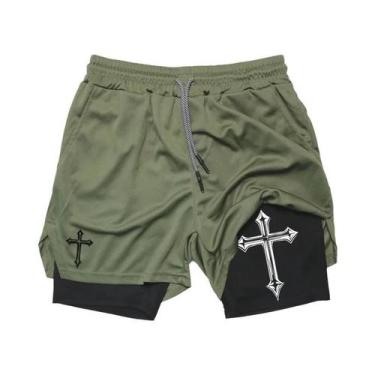 Imagem de Shorts Masculinos De Corrida Com Estampa De Cruz Cristã 2 Em 1 Para Tr
