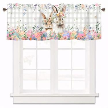 Imagem de XYTIDUKEJI Sanefas florais de cozinha coelhinho da Páscoa para janelas cinza Buffalo Check Valance cortina bolso varão tratamentos janela tratamentos fazenda cortinas curtas para sala de estar quarto