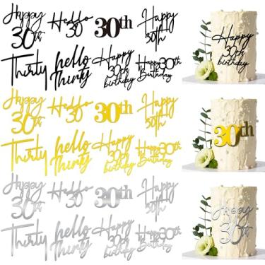 Imagem de 24 peças de topo de bolo de 30 anos 8 estilos em ouro preto prata acrílico trinta topo de bolo para decorações de festa de aniversário