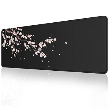 Imagem de ETZ Mouse pad preto japonês flor de ameixa (31,5 × 11,7 × 0,3 cm) tapete de mouse grande estendido tapete de mesa, bordas costuradas, base de borracha antiderrapante, mouse pad para jogos GG