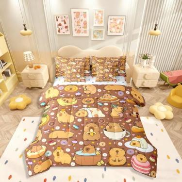 Imagem de Erosebridal Jogo de cama Queen Capybara, 7 peças, linda capivara, cama em uma bolsa, jogo de cama de animais roedores engraçados inclui edredom, conjunto de lençóis, fronhas e capas de travesseiro