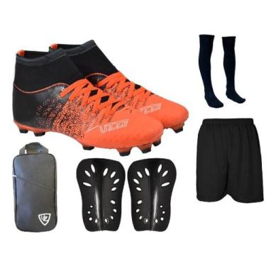 Imagem de Chuteira Campo Botinha UZ Cravo Adulto + Caneleira Meião Short Bolsa E