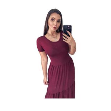Imagem de Vestido Longo Com Camadas Elegante 3 Marias Básico De Malha, Marsala, 