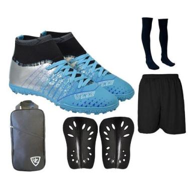 Imagem de Chuteira Society Cano Alto Botinha Costurada + Caneleira + Meião + Sho